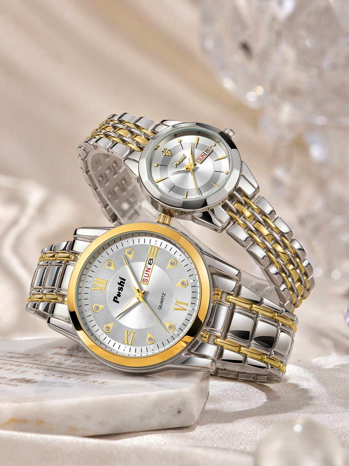 Shein - 2pcs Couple Two Tone Zinc Alloy Strap Fashionable Rhinestone Decor Calendars Water Resistance Round Dial Quartz Watch, For Gift