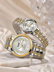 Shein - 2pcs Couple Two Tone Zinc Alloy Strap Fashionable Rhinestone Decor Calendars Water Resistance Round Dial Quartz Watch, For Gift