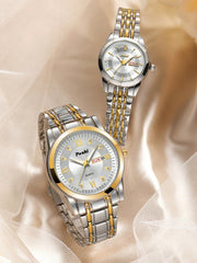Shein - 2pcs Couple Two Tone Zinc Alloy Strap Fashionable Rhinestone Decor Calendars Water Resistance Round Dial Quartz Watch, For Gift