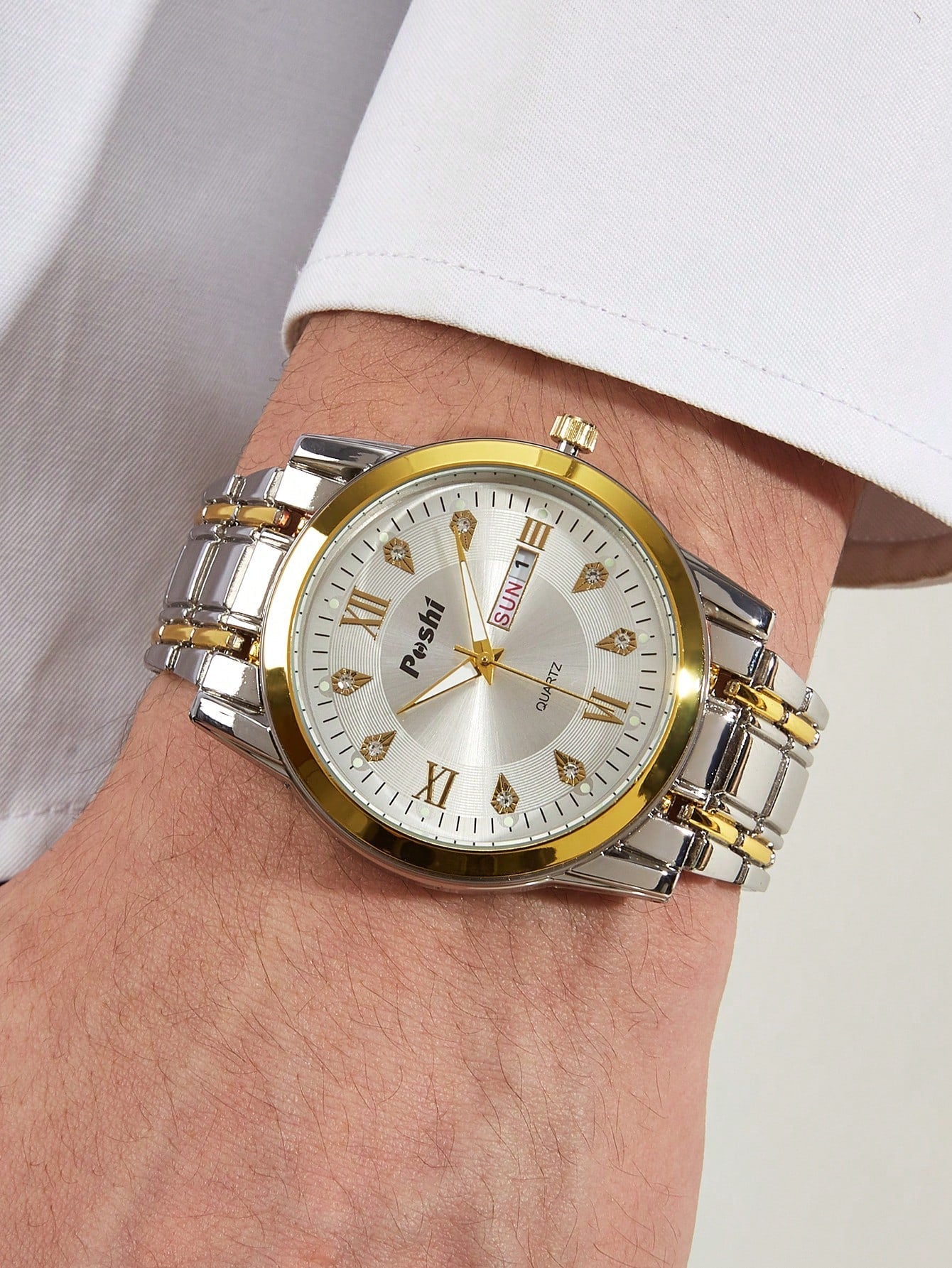 Shein - 2pcs Couple Two Tone Zinc Alloy Strap Fashionable Rhinestone Decor Calendars Water Resistance Round Dial Quartz Watch, For Gift