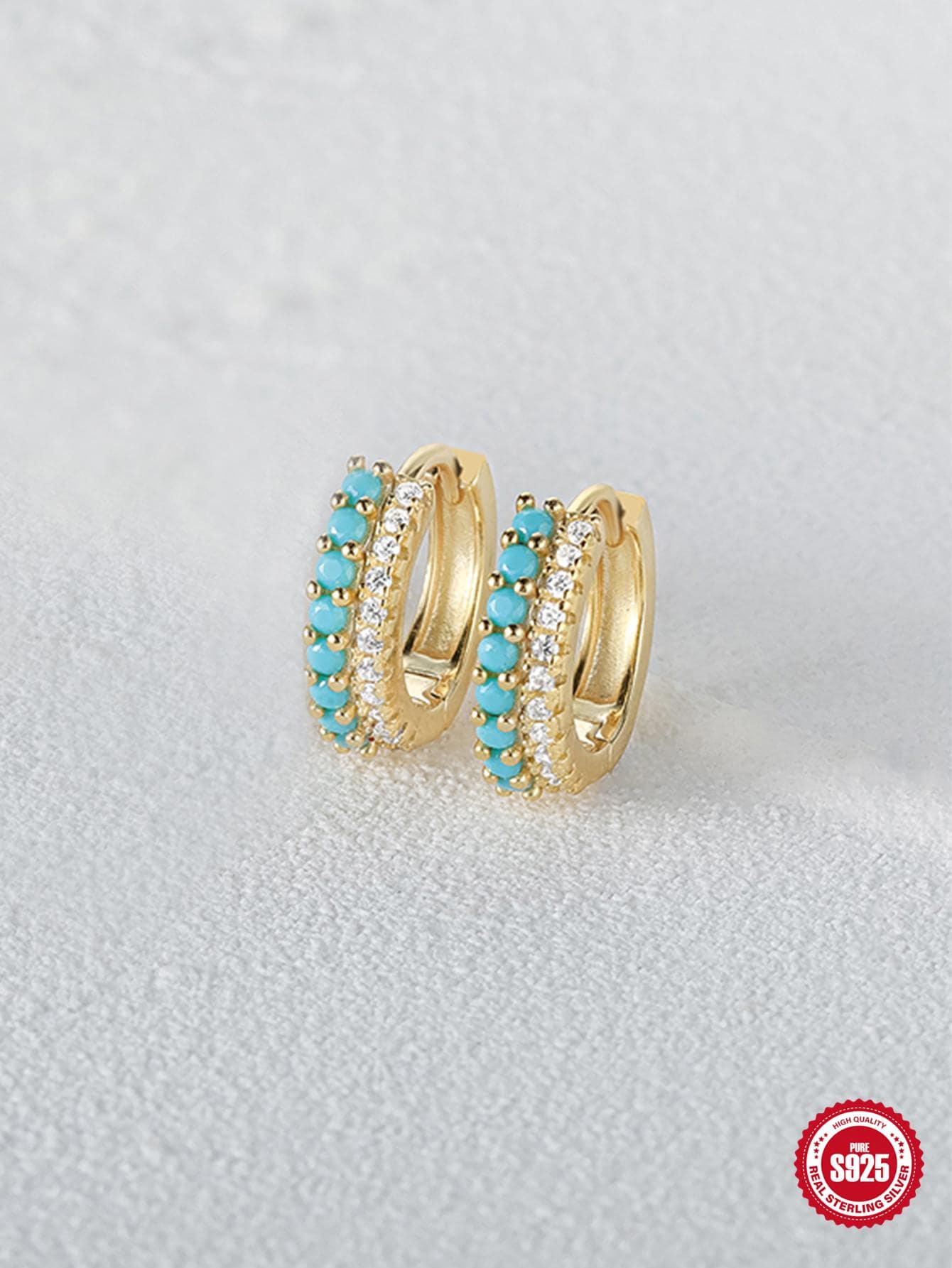 Shein - 1pair European And American Fashion Simple Personality Double-Row Mixed-Color Diamond Inlaid Silver Hoop Earrings