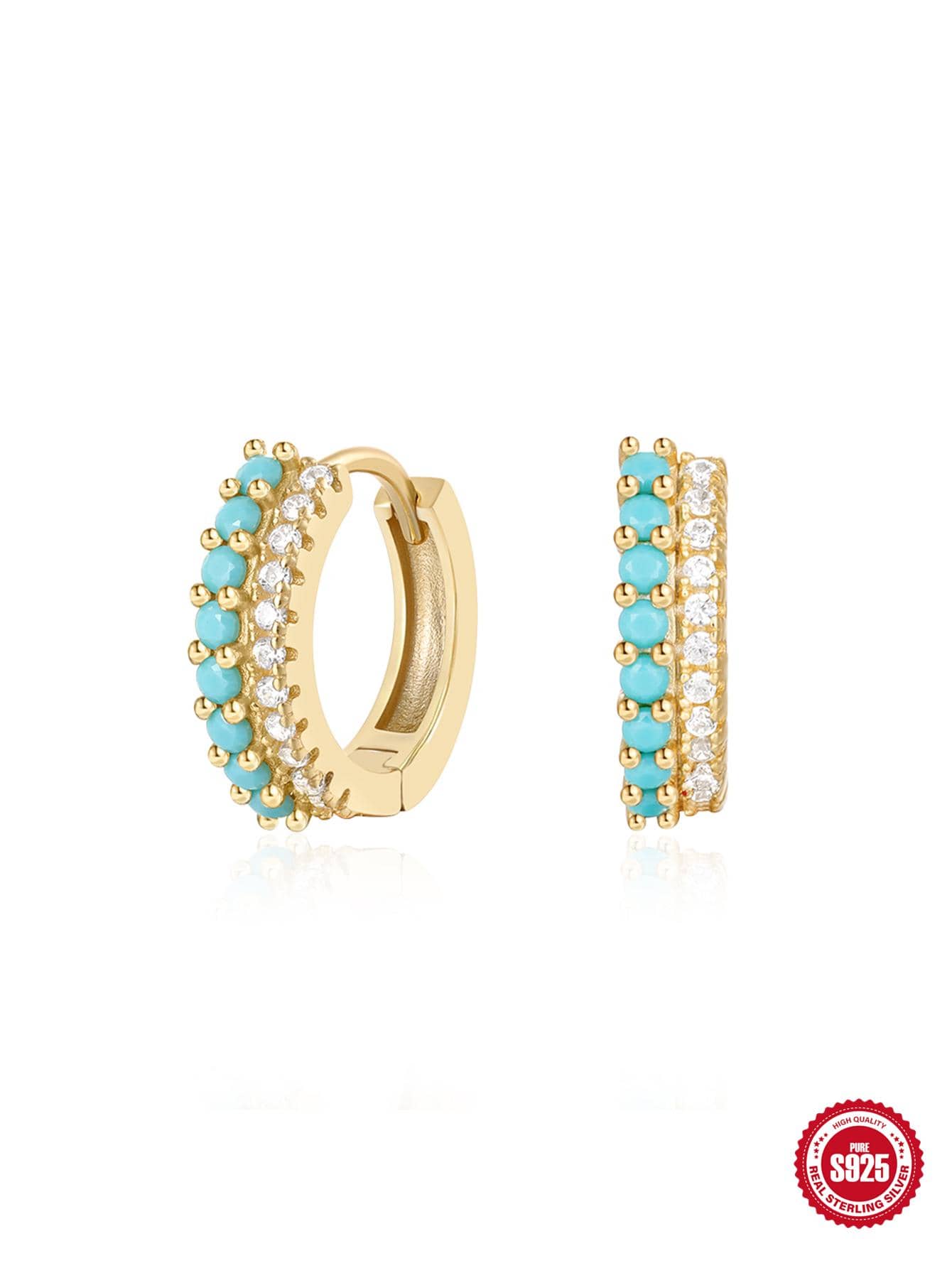 Shein - 1pair European And American Fashion Simple Personality Double-Row Mixed-Color Diamond Inlaid Silver Hoop Earrings