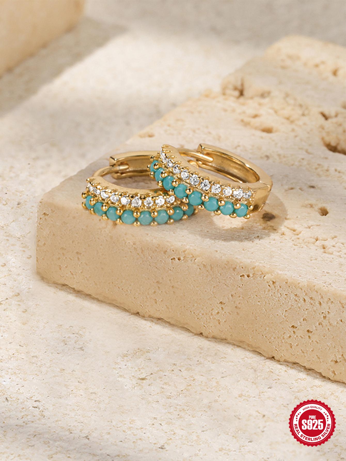 Shein - 1pair European And American Fashion Simple Personality Double-Row Mixed-Color Diamond Inlaid Silver Hoop Earrings