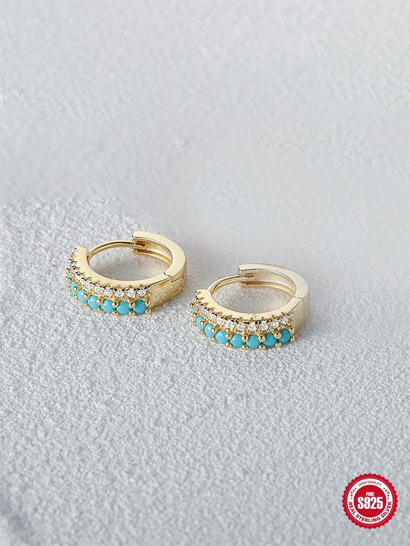Shein - 1pair European And American Fashion Simple Personality Double-Row Mixed-Color Diamond Inlaid Silver Hoop Earrings