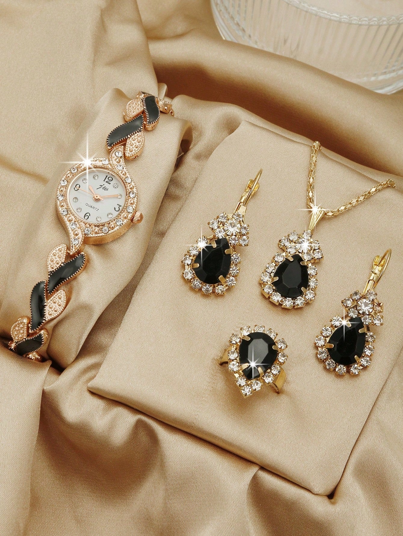 Shein - 1pc Women Two Tone Stainless Steel Strap Glamorous Rhinestone Decor Round Dial Quartz Watch & 4pcs Jewelry Set, For Daily Life