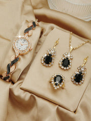 Shein - 1pc Women Two Tone Stainless Steel Strap Glamorous Rhinestone Decor Round Dial Quartz Watch & 4pcs Jewelry Set, For Daily Life