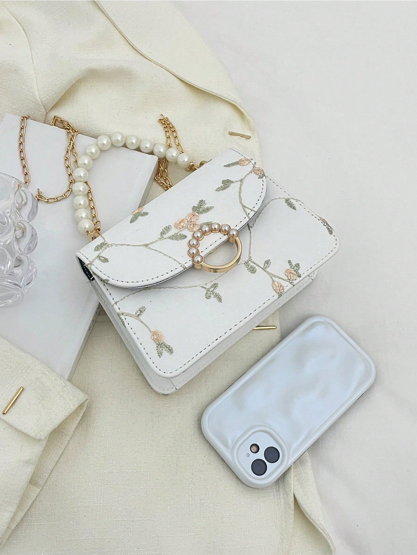 Shein - Argyle Princess Faux Pearl & Rhinestone Pearl Chain & Decor Mini Square Bag Flower Embroidery Faux Pearl Decor Fashionable For Party, Wedding, Prom And Dinner, Lipsticks, Women'S Pearl Bag