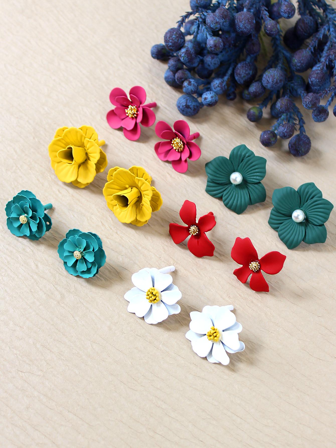 Shein - 6pairs/set Flower Decor Stud Earrings