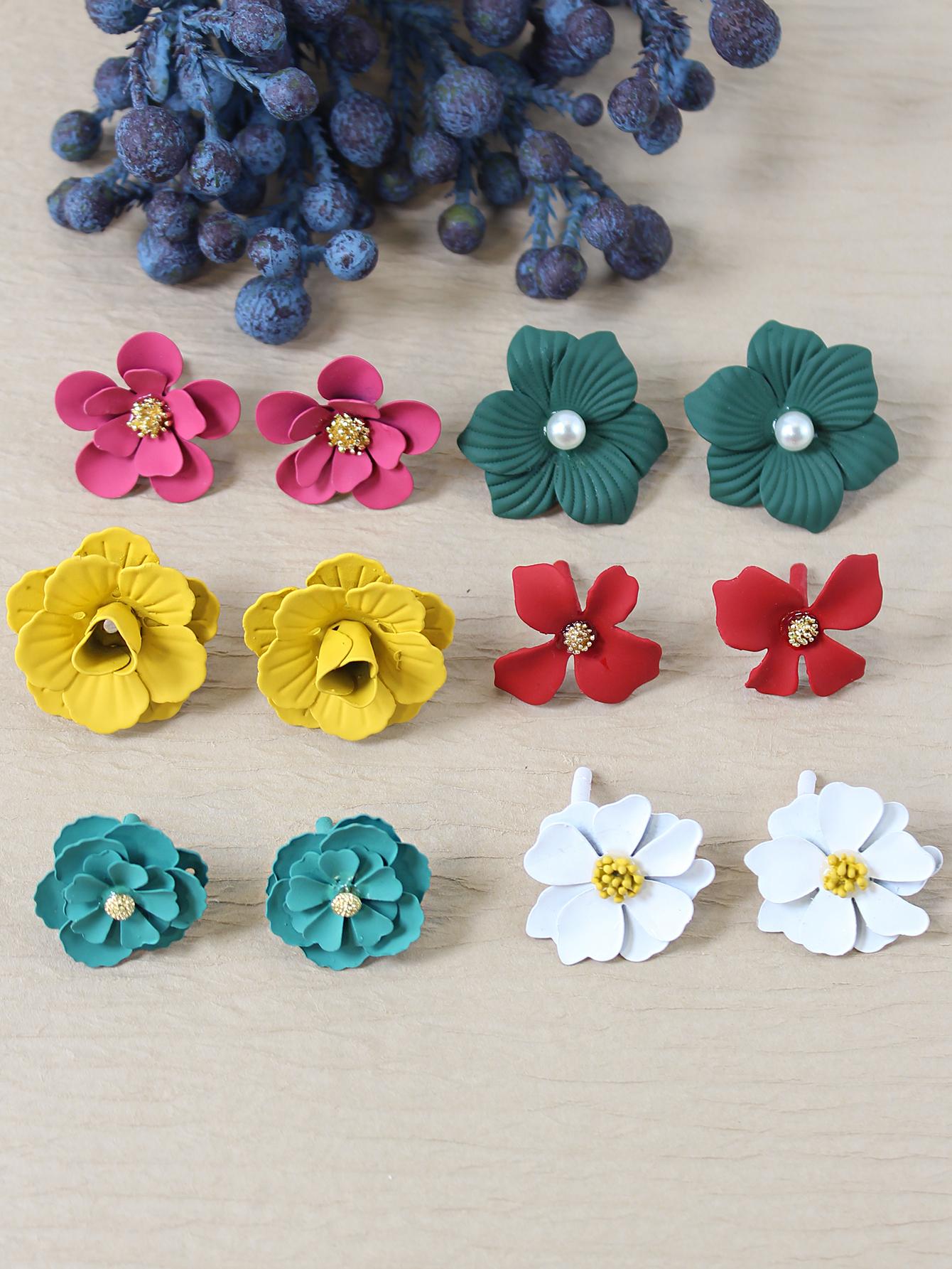 Shein - 6pairs/set Flower Decor Stud Earrings