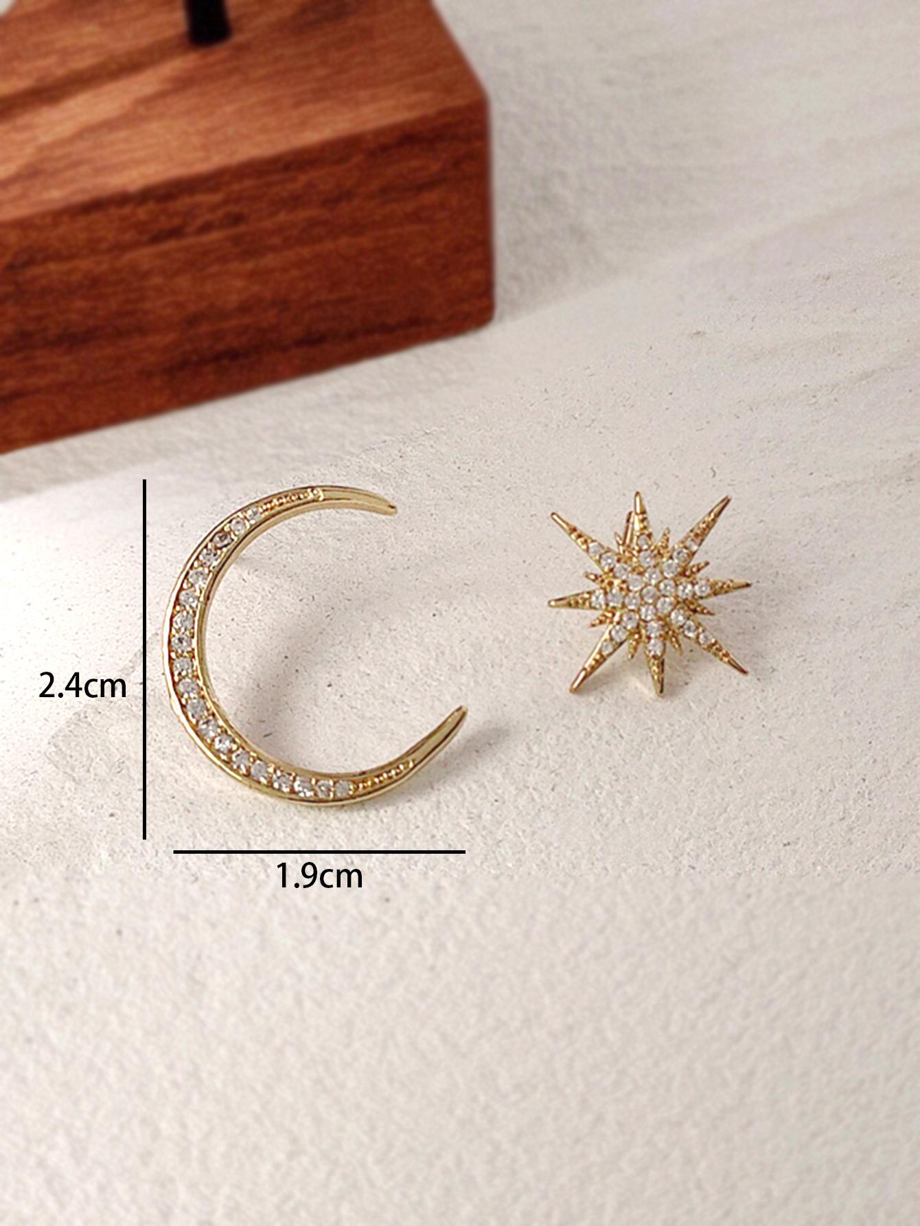 Shein - Rhinestone Moon & Star Decor Mismatched Stud Earrings