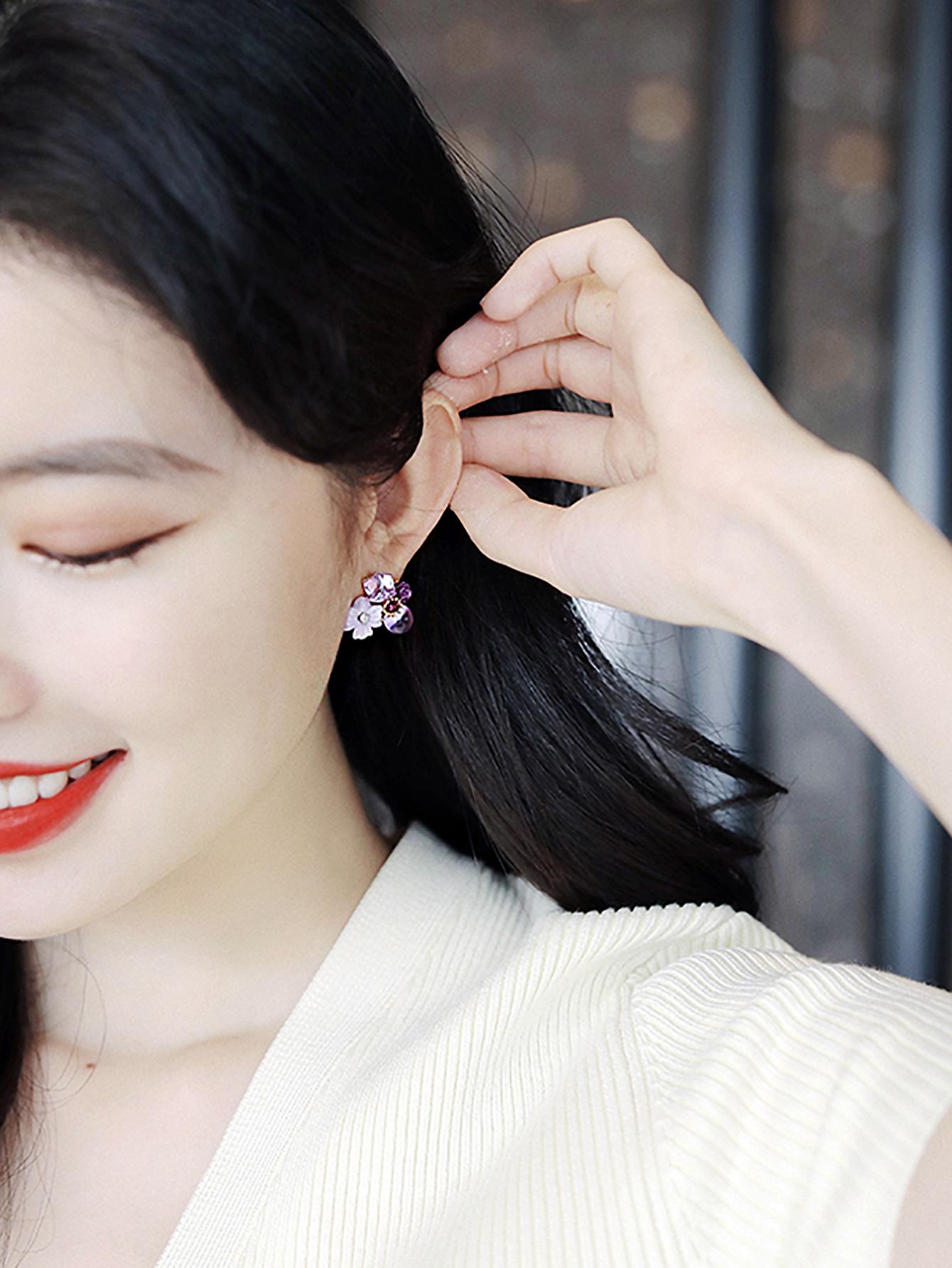 Shein - French-Style Purple Flower Earrings With Multiple Elements, Korean And Japanese Style, Exquisite And Charming Ear Studs