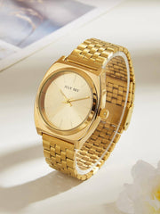 Shein - 1pc Gold-colored Fashionable Simple Stainless Steel Watch Band With Bar Scale Dial Quartz Watch, Suitable For Holiday Gift