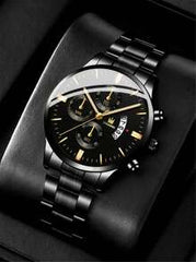 Shein - 1pc Man Watch Black Stainless Steel Strap Business Date Round Dial Quartz Watch