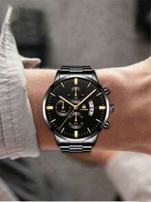 Shein - 1pc Man Watch Black Stainless Steel Strap Business Date Round Dial Quartz Watch