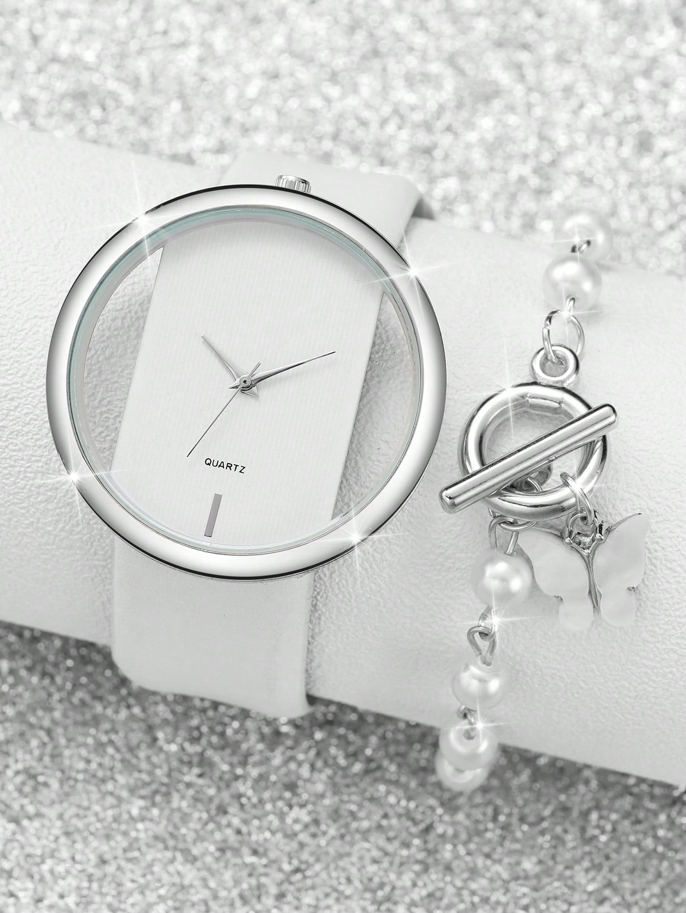 Shein - 1pc Minimalist Round Pointer Quartz Watch & 1pc Butterfly Charm Bracelet