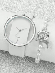 Shein - 1pc Minimalist Round Pointer Quartz Watch & 1pc Butterfly Charm Bracelet