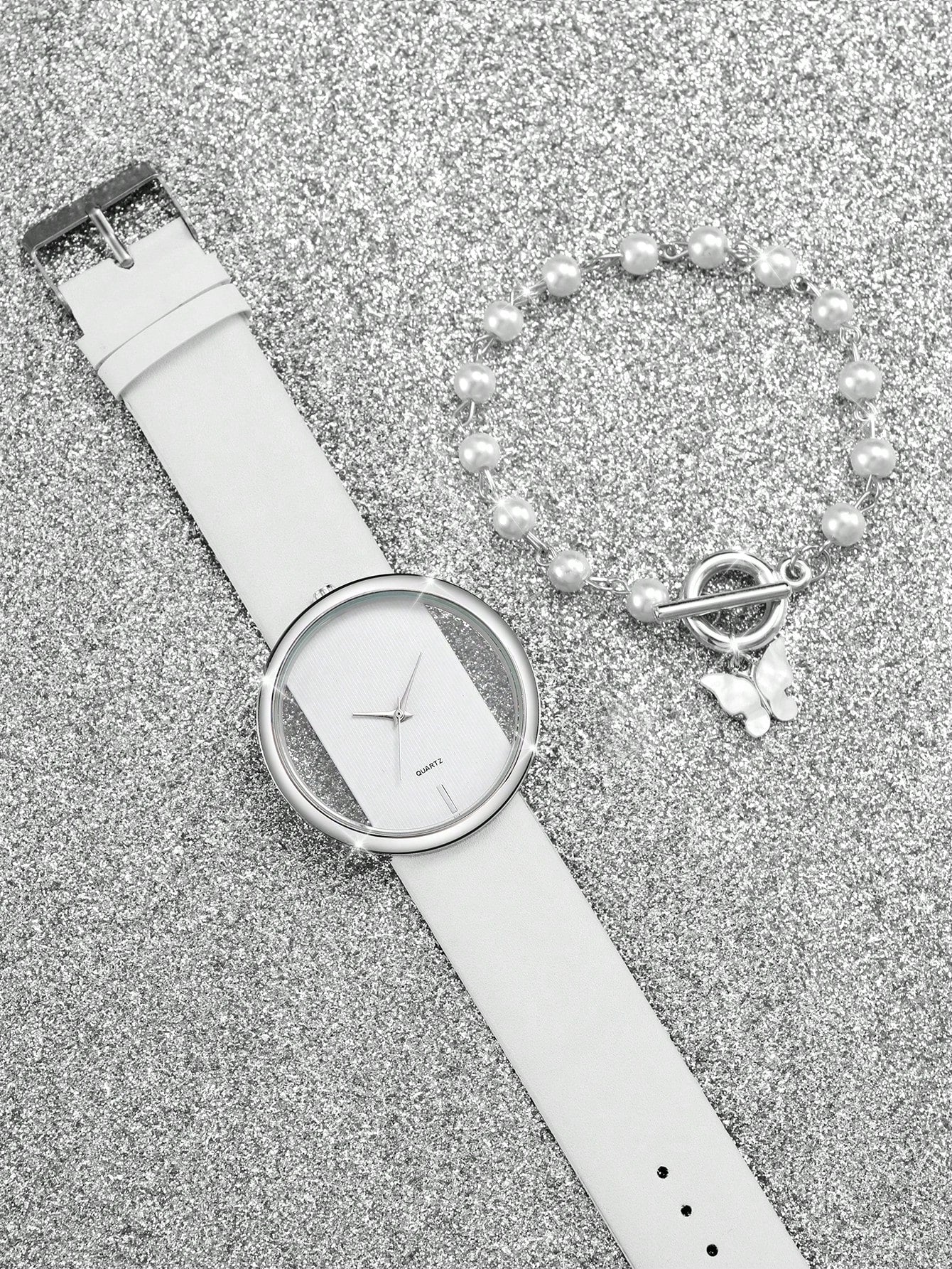 Shein - 1pc Minimalist Round Pointer Quartz Watch & 1pc Butterfly Charm Bracelet