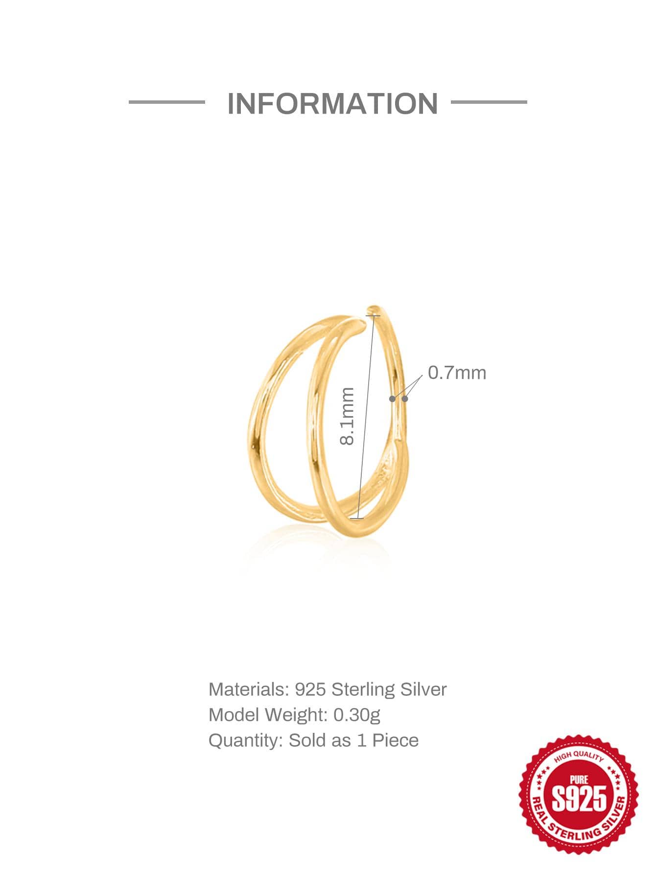 Shein - 1Pc Minimalist S925 Sterling Silver Nose Ring Piercing Trendy Unisex Daily 18k Gold Plated Fine Jewelry Gift