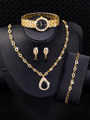 Shein - 1pc Round Pointer Quartz Watch & 4pcs Jewelry Set