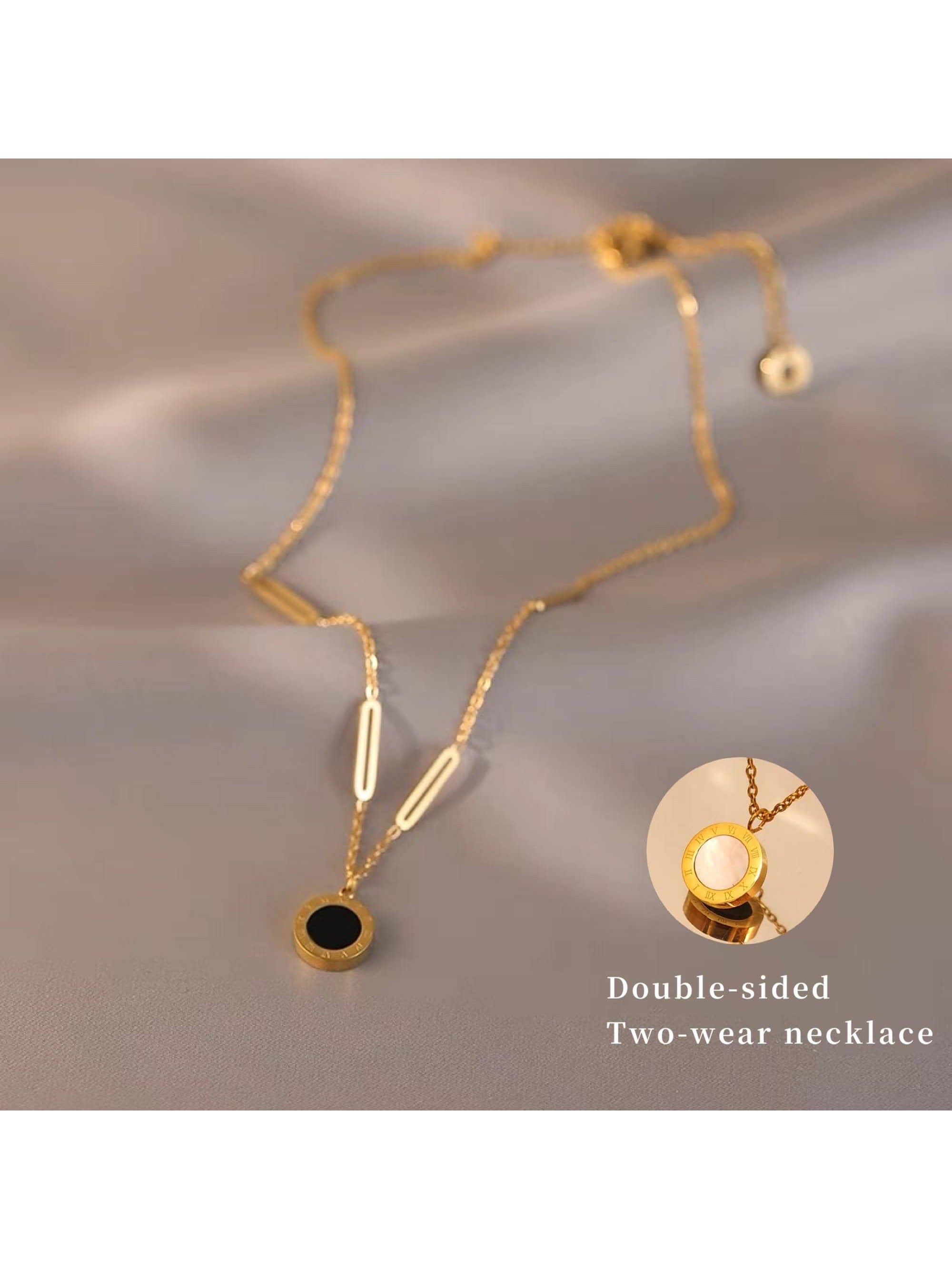 Shein - 1pc Fashionable Stainless Steel Roman Numerals Detail Round Charm Necklace For Women For Daily Decoration
