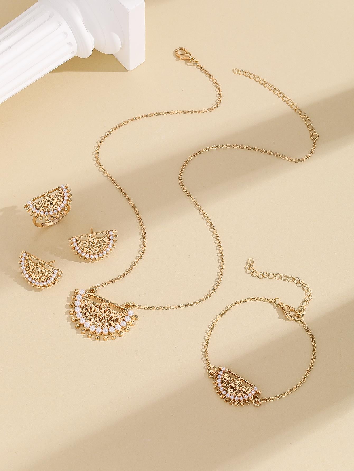 Shein - Fashionable Zinc Alloy Faux Pearl & Hollow Out Necklace, Earrings, Ring And Bracelet Set, In Gold