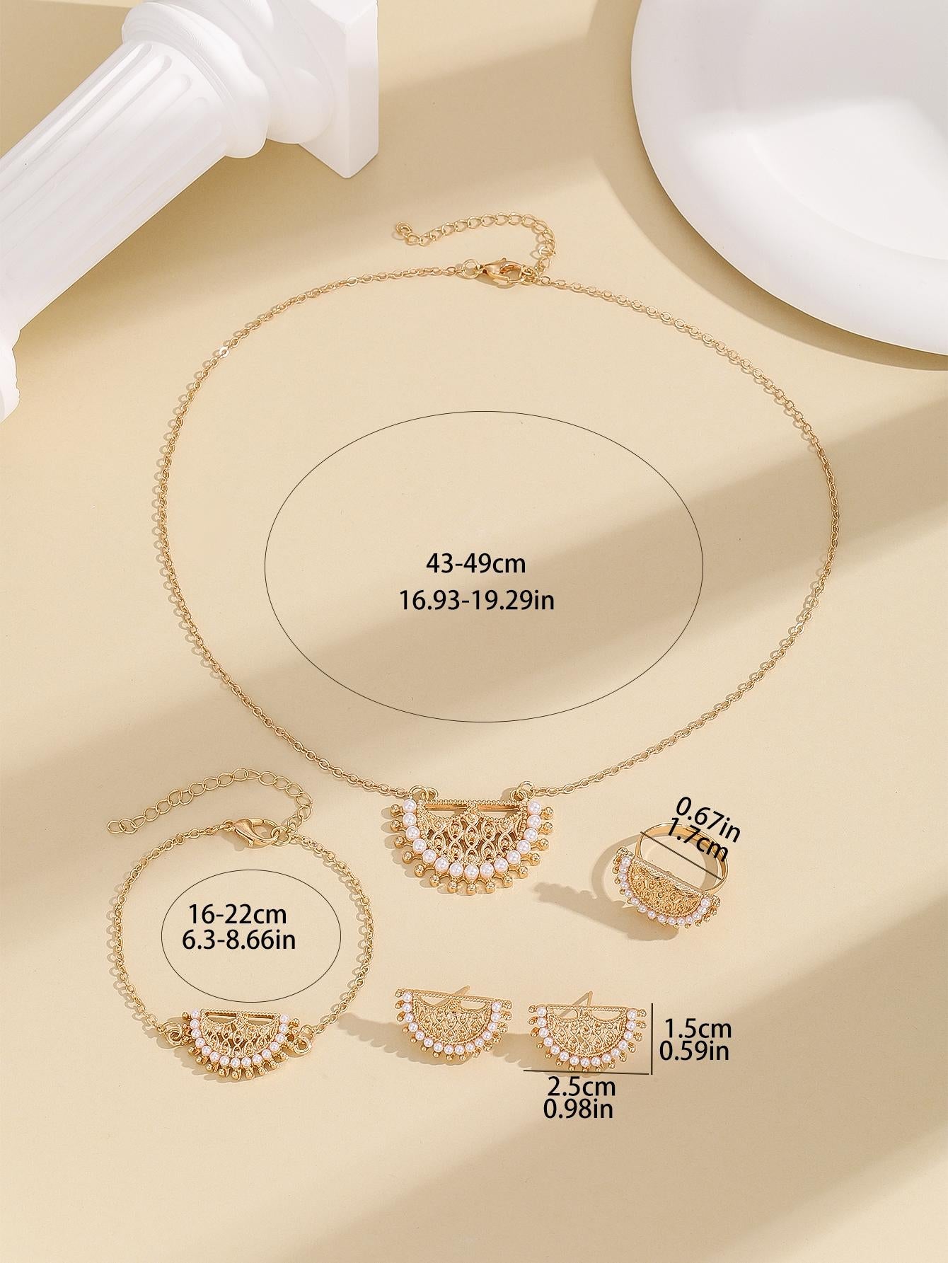 Shein - Fashionable Zinc Alloy Faux Pearl & Hollow Out Necklace, Earrings, Ring And Bracelet Set, In Gold