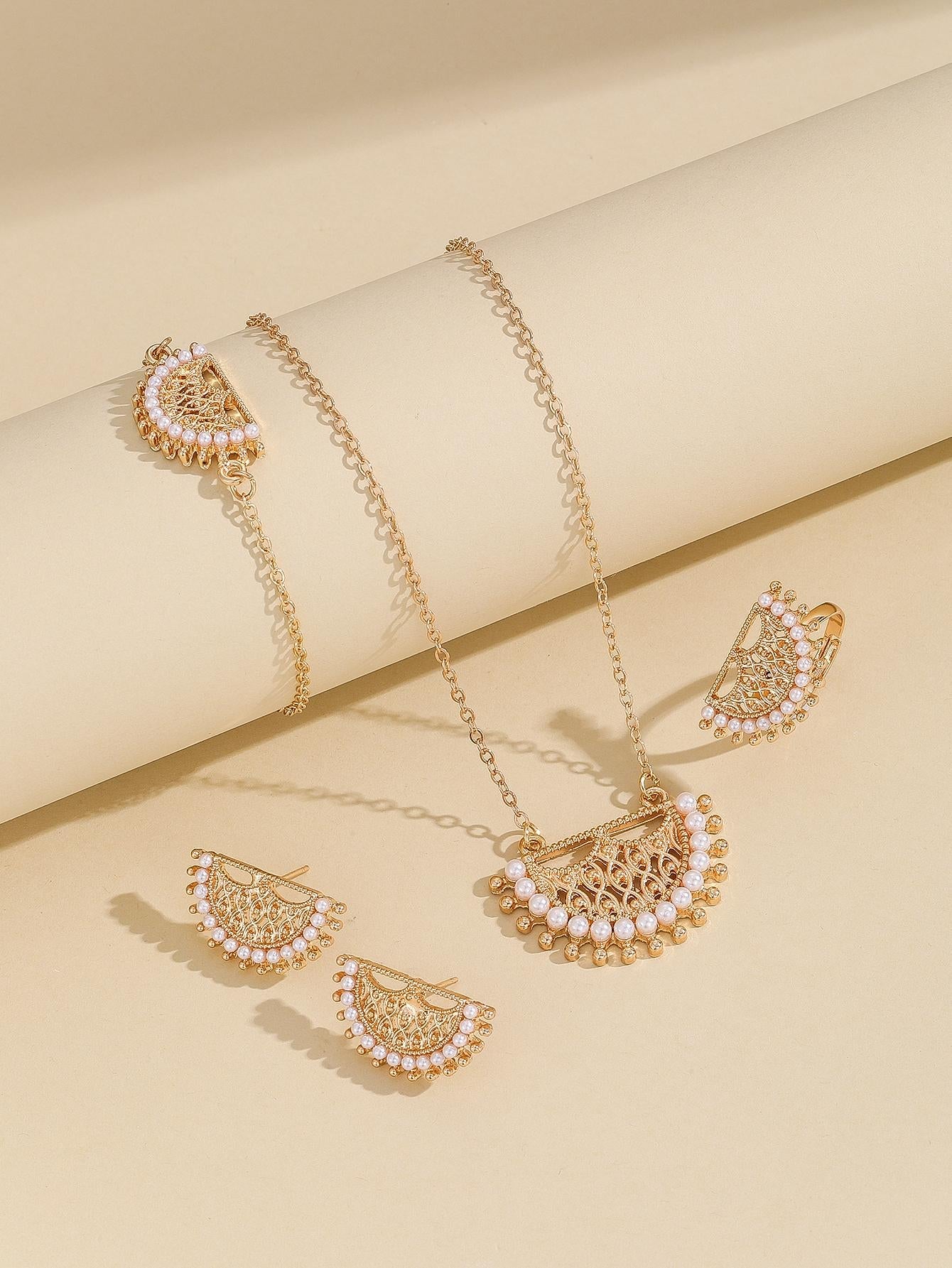 Shein - Fashionable Zinc Alloy Faux Pearl & Hollow Out Necklace, Earrings, Ring And Bracelet Set, In Gold