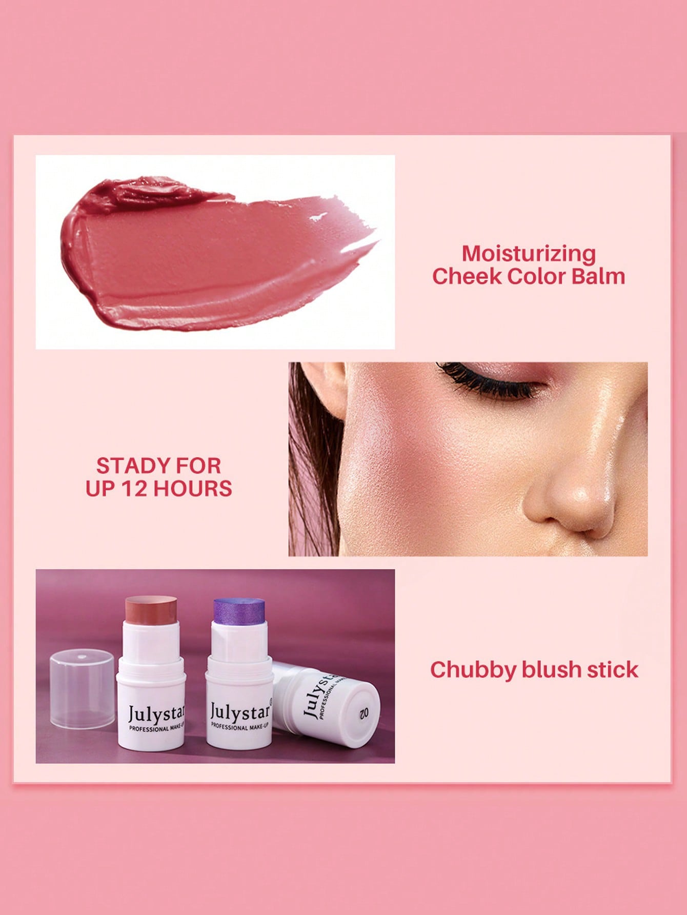 Shein - Professional Makeup Blush Stick, Long-Wearing Highly Pigmented Cream Blush
