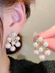 Shein - Glamorous Zinc Alloy Cubic Zirconia & Faux Pearl Decor Stud Earrings For Women For Daily Decoration