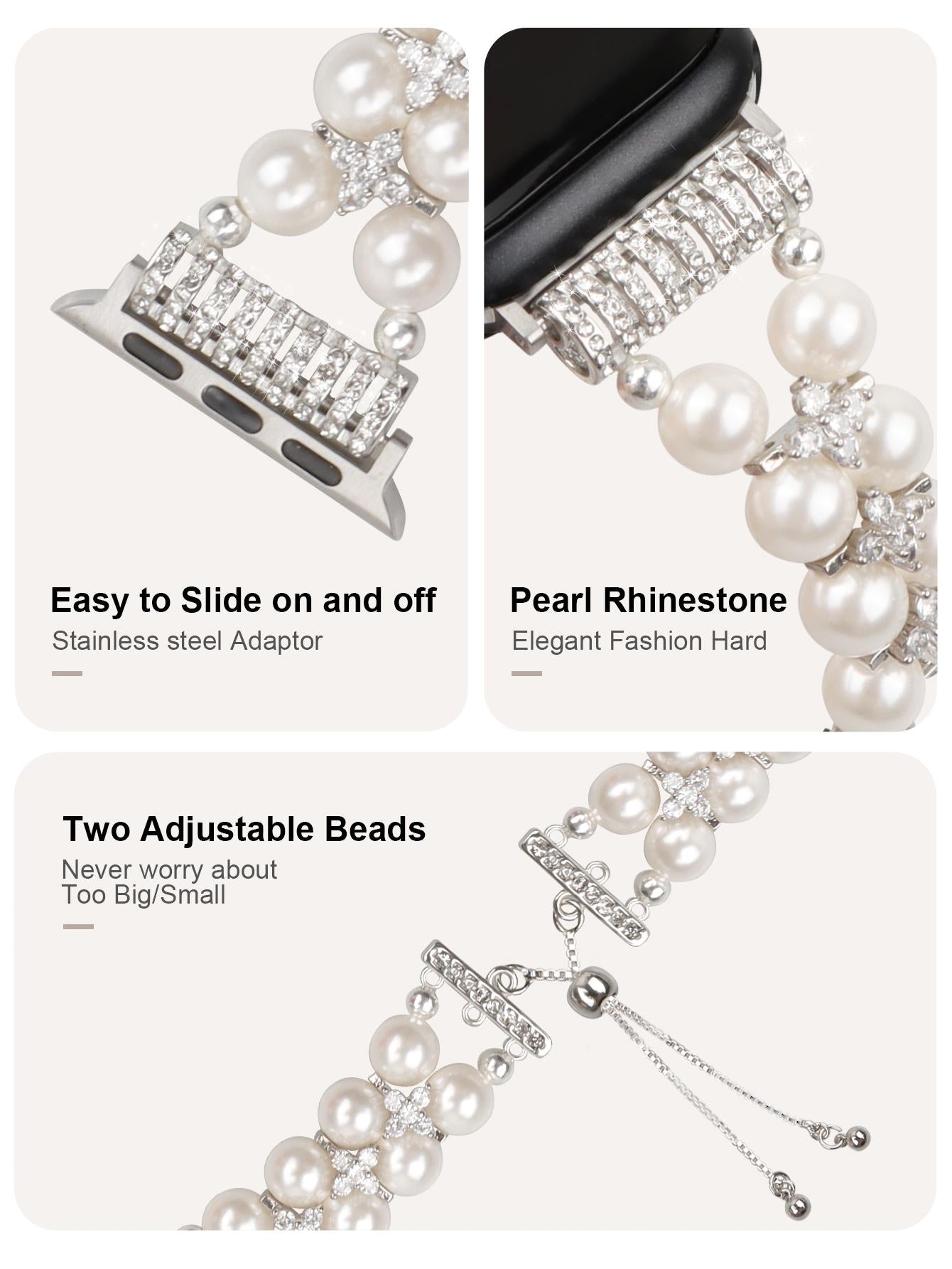 Shein - 1pc Classic Fashionable Adjustable Faux Pearls Bracelet Apple Watch Band, Professional Compatible With Latest Apple Watch Ultra 2/1,se 9/8/7/6/5/4/3/2/1, Size 38/40/41/42/44/45/49mm, Size Can Be Adjusted Freely, Waterproof & Wear Resistant