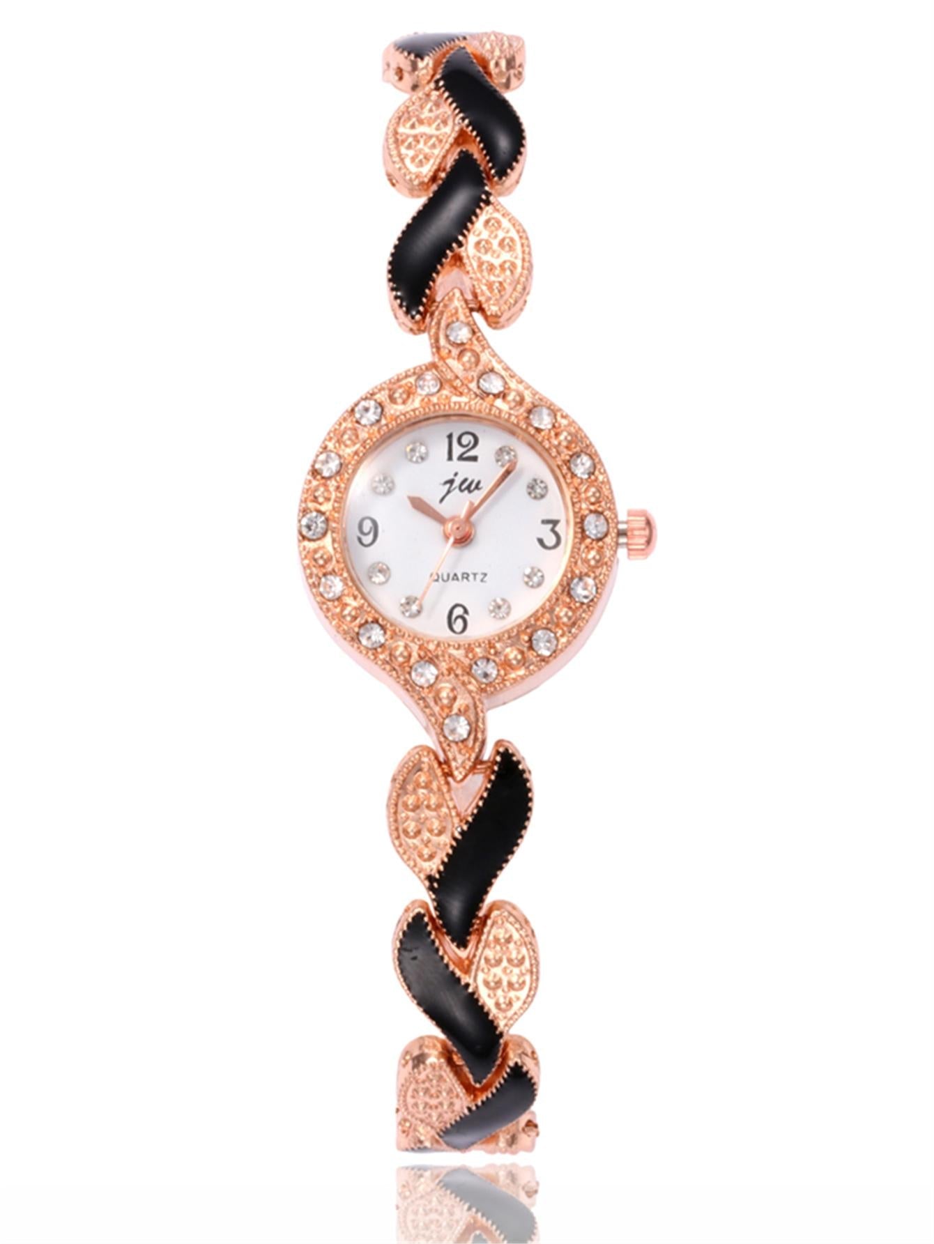 Shein - 1pc Women Two Tone Stainless Steel Strap Glamorous Rhinestone Decor Round Dial Quartz Watch & 4pcs Jewelry Set, For Daily Life