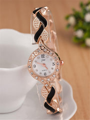 Shein - 1pc Women Two Tone Stainless Steel Strap Glamorous Rhinestone Decor Round Dial Quartz Watch & 4pcs Jewelry Set, For Daily Life