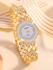 Shein - 1pc Women Zinc Alloy Strap Glamorous Rhinestone Decor Round Dial Quartz Watch & 5pcs Jewelry Set, For Daily Decoration