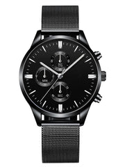 Shein - Black Stainless Steel Business Round Pointer Quartz Watch For Daily Life