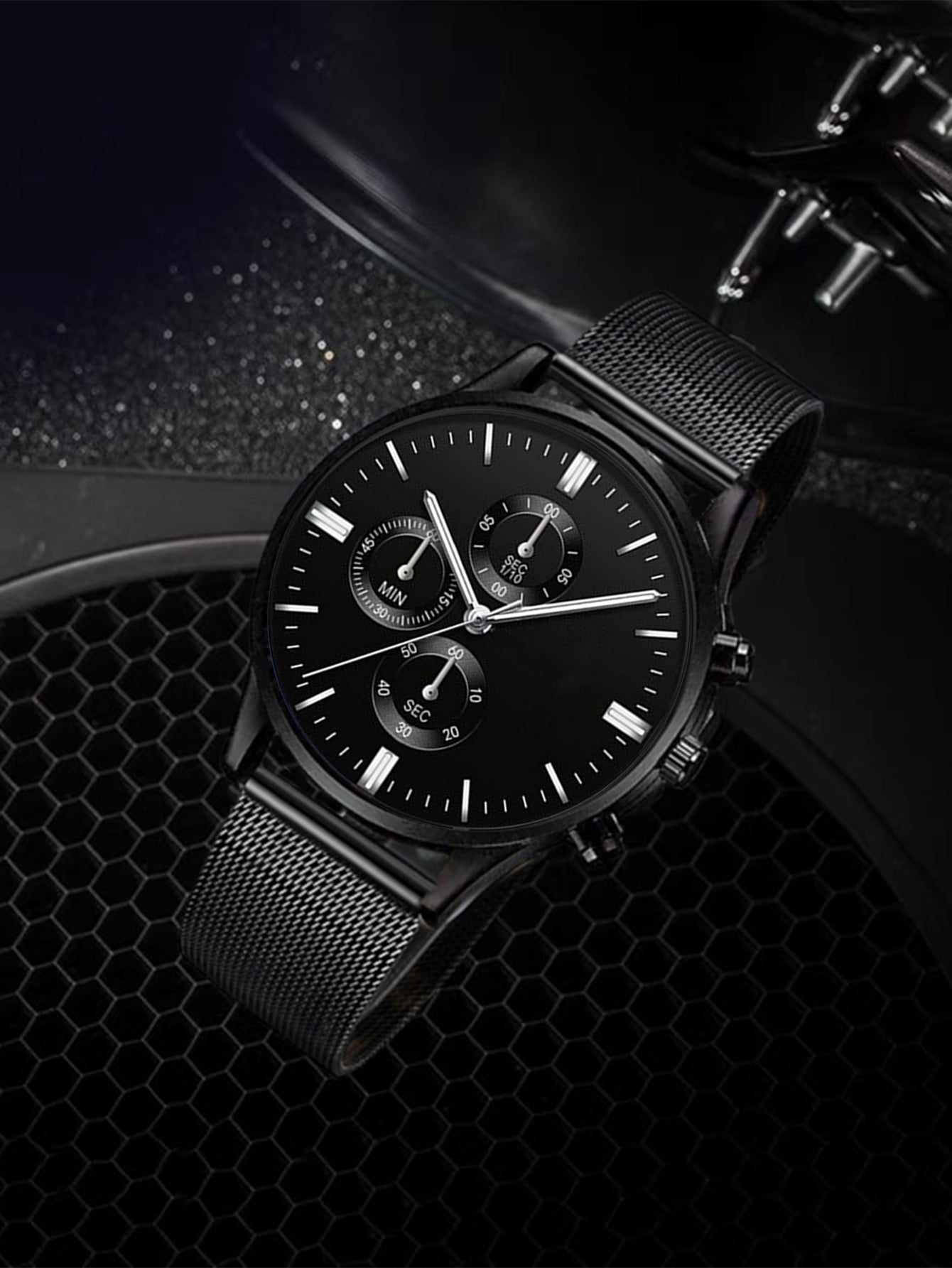 Shein - Black Stainless Steel Business Round Pointer Quartz Watch For Daily Life
