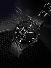 Shein - Black Stainless Steel Business Round Pointer Quartz Watch For Daily Life