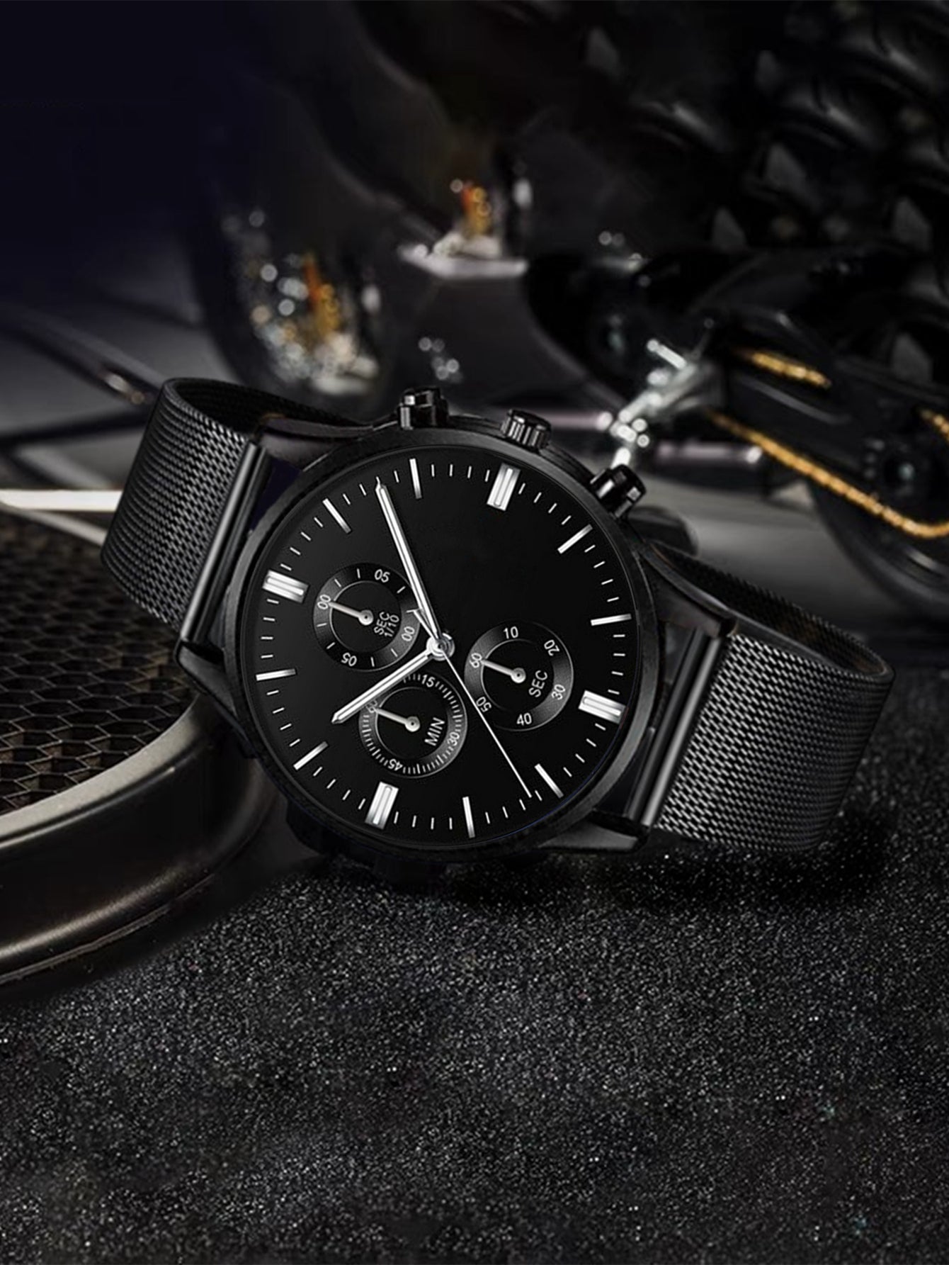 Shein - Black Stainless Steel Business Round Pointer Quartz Watch For Daily Life