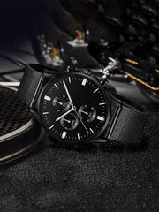 Shein - Black Stainless Steel Business Round Pointer Quartz Watch For Daily Life