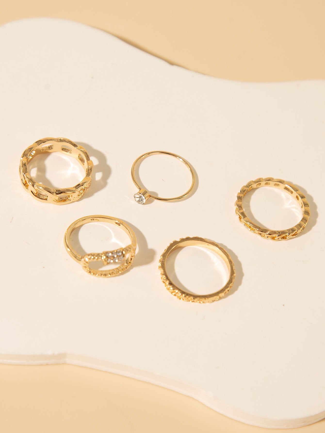 Shein - 5pcs Rhinestone Chain Design Fashion Ring Set Suitable For Women's Daily Wear