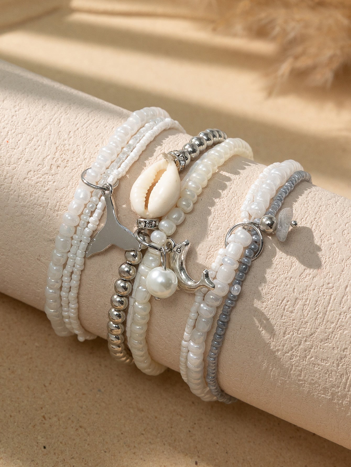 Shein - 3pcs/set Fashion Glass Dolphin Charm Beaded Bracelet For Women For Decoration Party