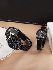 Shein - 2pcs Stylish Classic Round Couple's Quartz Wristwatch With Black Elastic Band