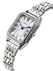 Shein - Women Silver Stainless Steel Strap Fashionable Geometric Dial Quartz Watch, For Daily Life