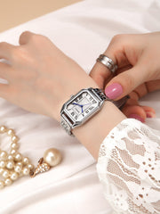 Shein - Women Silver Stainless Steel Strap Fashionable Geometric Dial Quartz Watch, For Daily Life