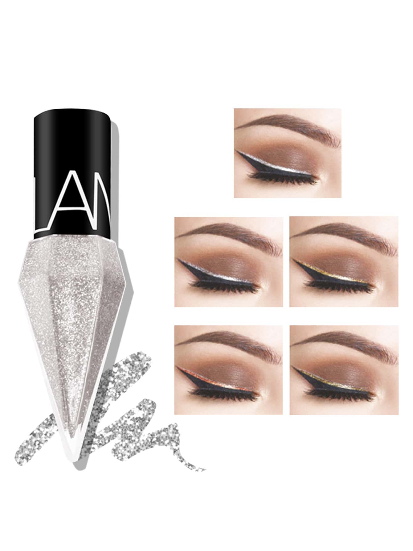 Shein - Rhinestone Glitter Eye Liners Eyeshadow, 1Pc Waterproof Silver Rose Gold Color Sequins Long-lasting Eyeliner Eye Shadow Y2K Makeup Beauty Cosmetics LK102-02 silver