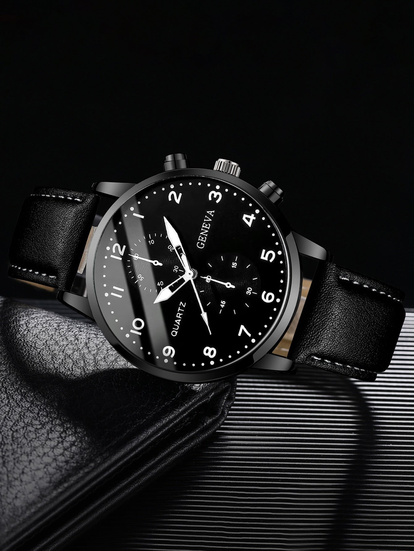 Shein - 2pcs/set Men's Fashionable Casual Numerical Scale Dial With Calendar Quartz Wristwatch And Leather Bracelet