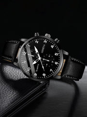 Shein - 2pcs/set Men's Fashionable Casual Numerical Scale Dial With Calendar Quartz Wristwatch And Leather Bracelet