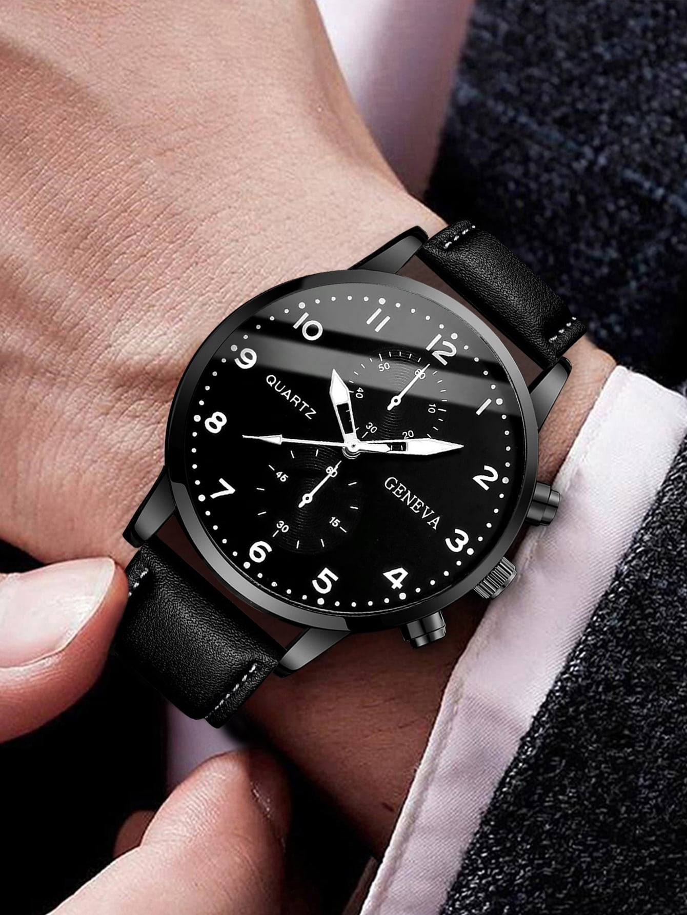 Shein - 2pcs/set Men's Fashionable Casual Numerical Scale Dial With Calendar Quartz Wristwatch And Leather Bracelet
