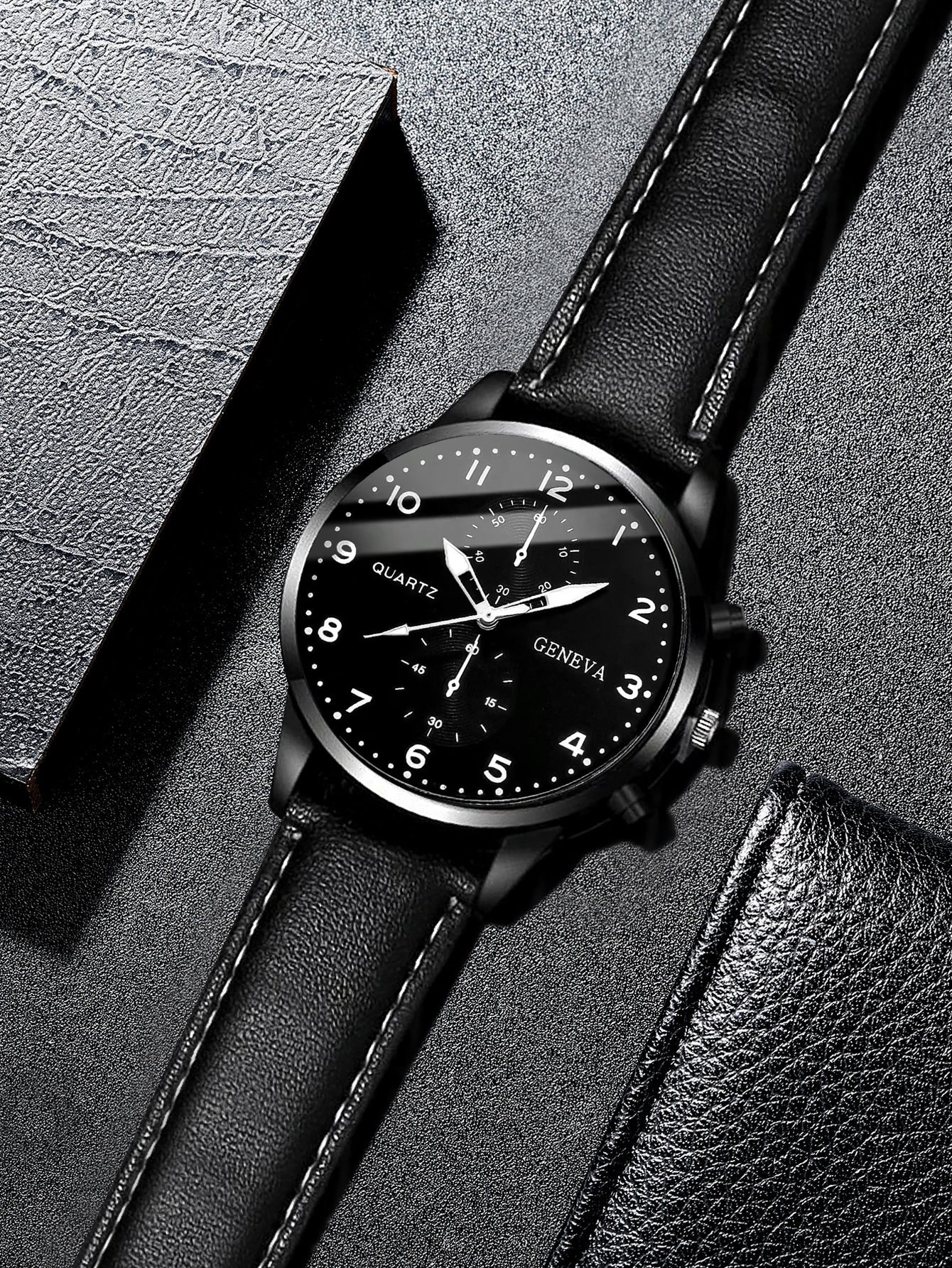 Shein - 2pcs/set Men's Fashionable Casual Numerical Scale Dial With Calendar Quartz Wristwatch And Leather Bracelet