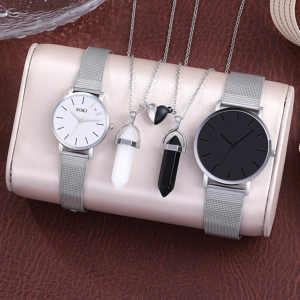 Shein - 2pcs Couple Fashionable Quartz Watches And 2pcs Magnetic Couple Heart Shaped Necklaces