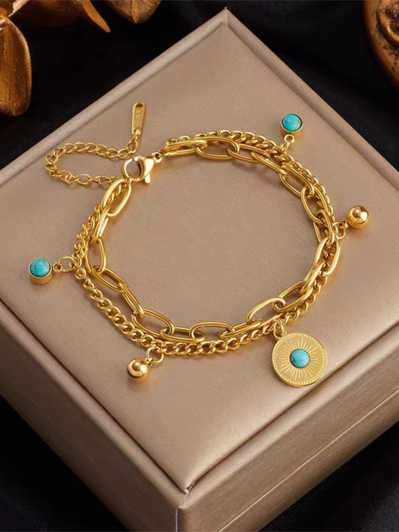 Shein - 1pc Dual Layer Turquoise Bead Stainless Steel Bracelet